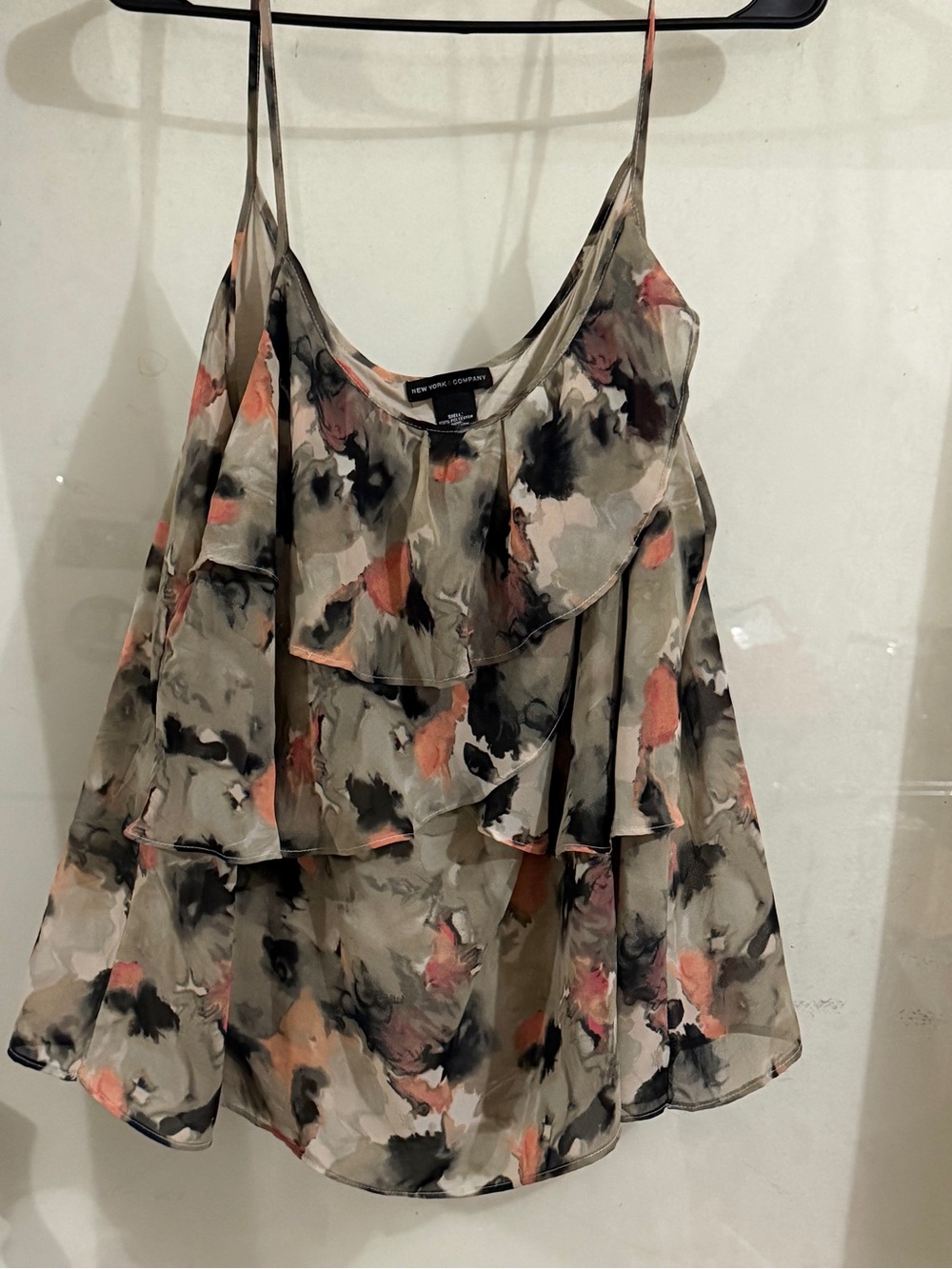 New York & Company Olive & Coral Watercolor Tiered Ruffle Cami